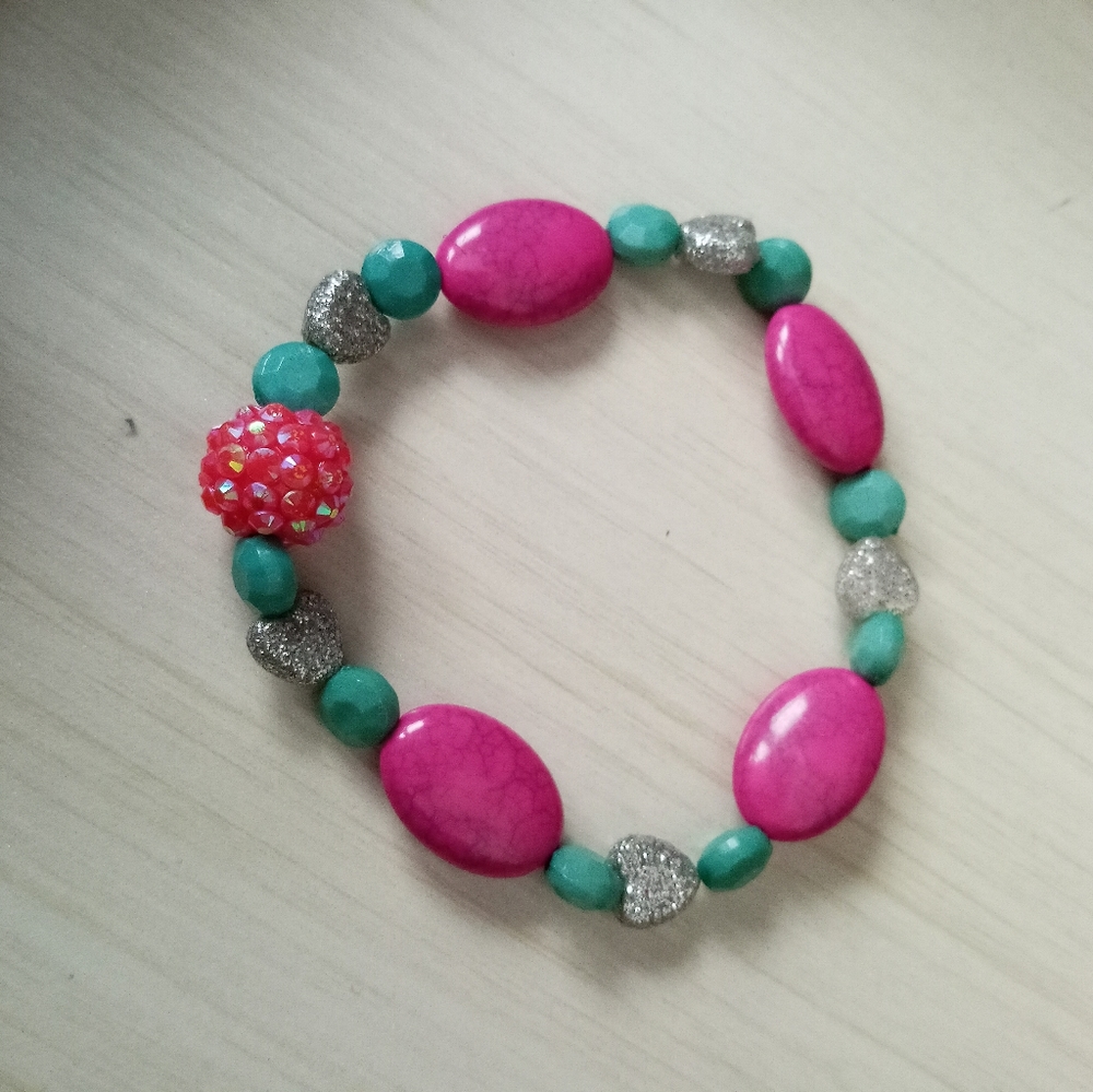 Hand Crafted Neon Pink and silver Beaded crystal statement bracelet